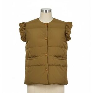 Bucket List Ruffle Shoulder Puffer Vest Brown Tan Medium